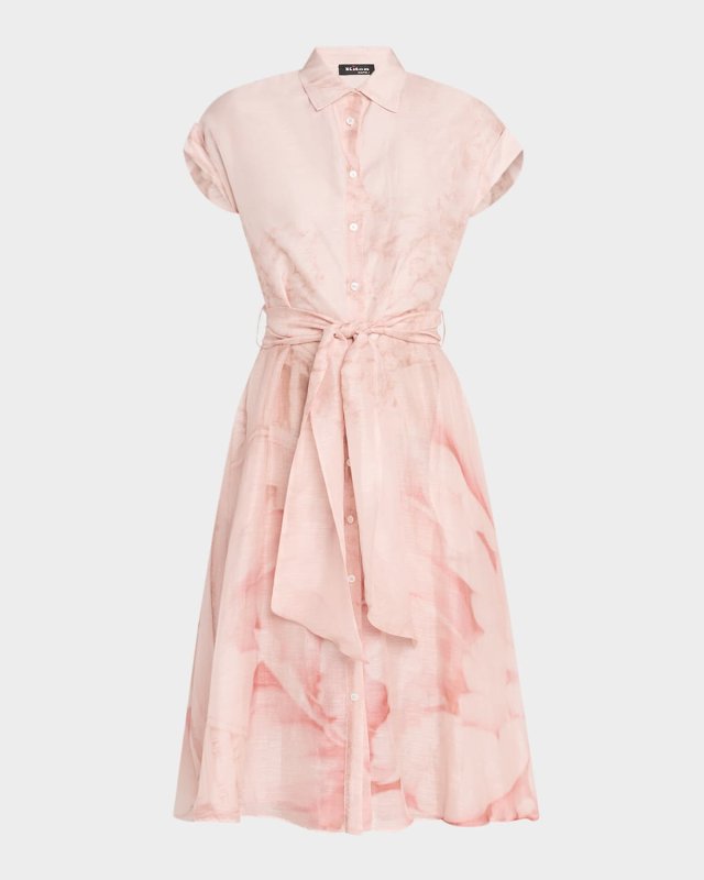 Short-Sleeve Belted Silk Shirtdress